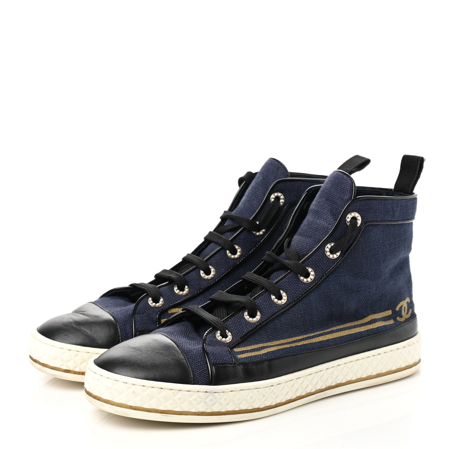 Chanel Fabric Lambskin Lace Up Cap Toe Sneakers 42 Navy Black 3 of 10