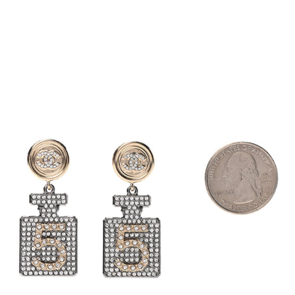 Chanel Crystal CC No 5 Perfume Bottle Drop Earrings Gold Silver 2 of 5