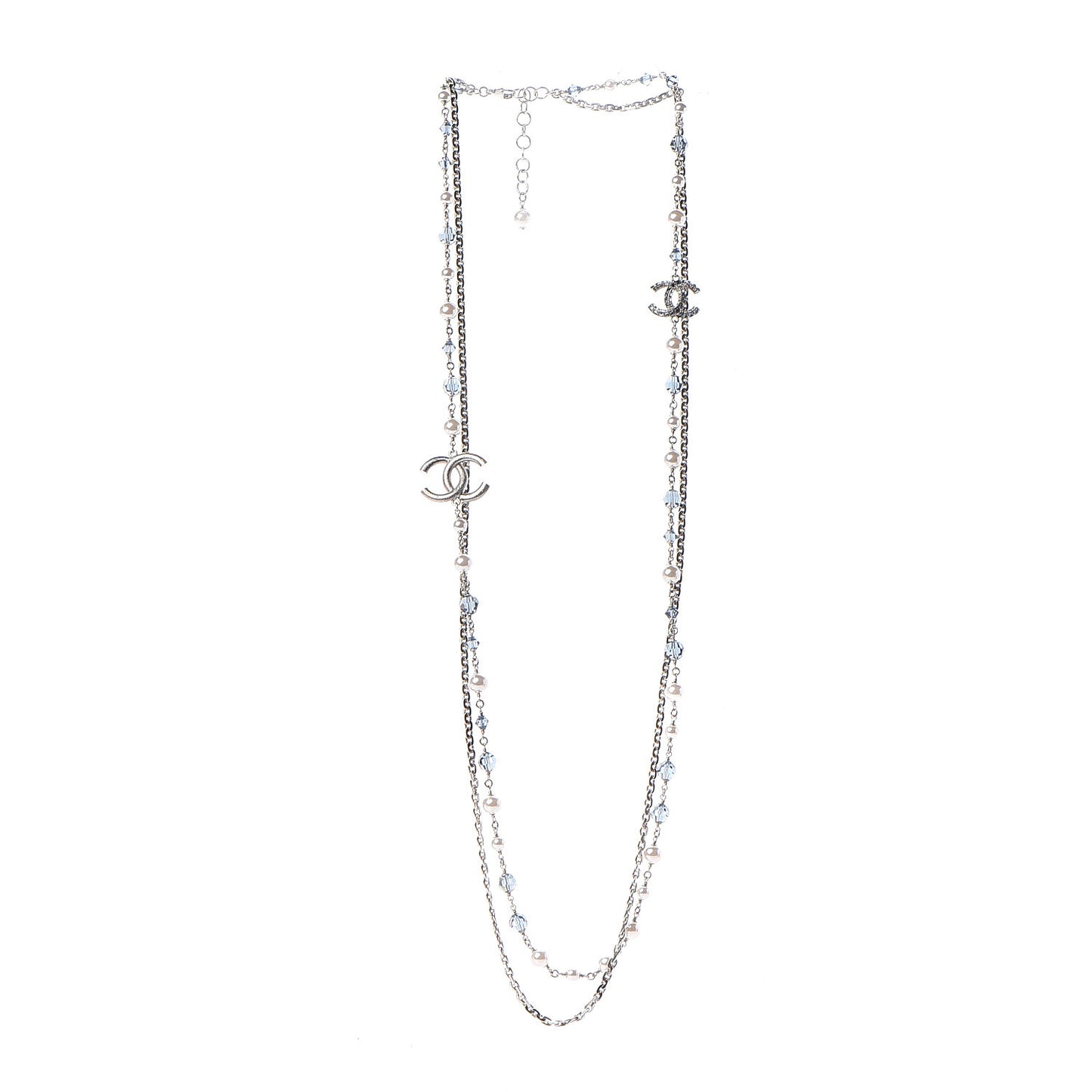 Pearl Crystal Bead CC Long Necklace Silver Blue