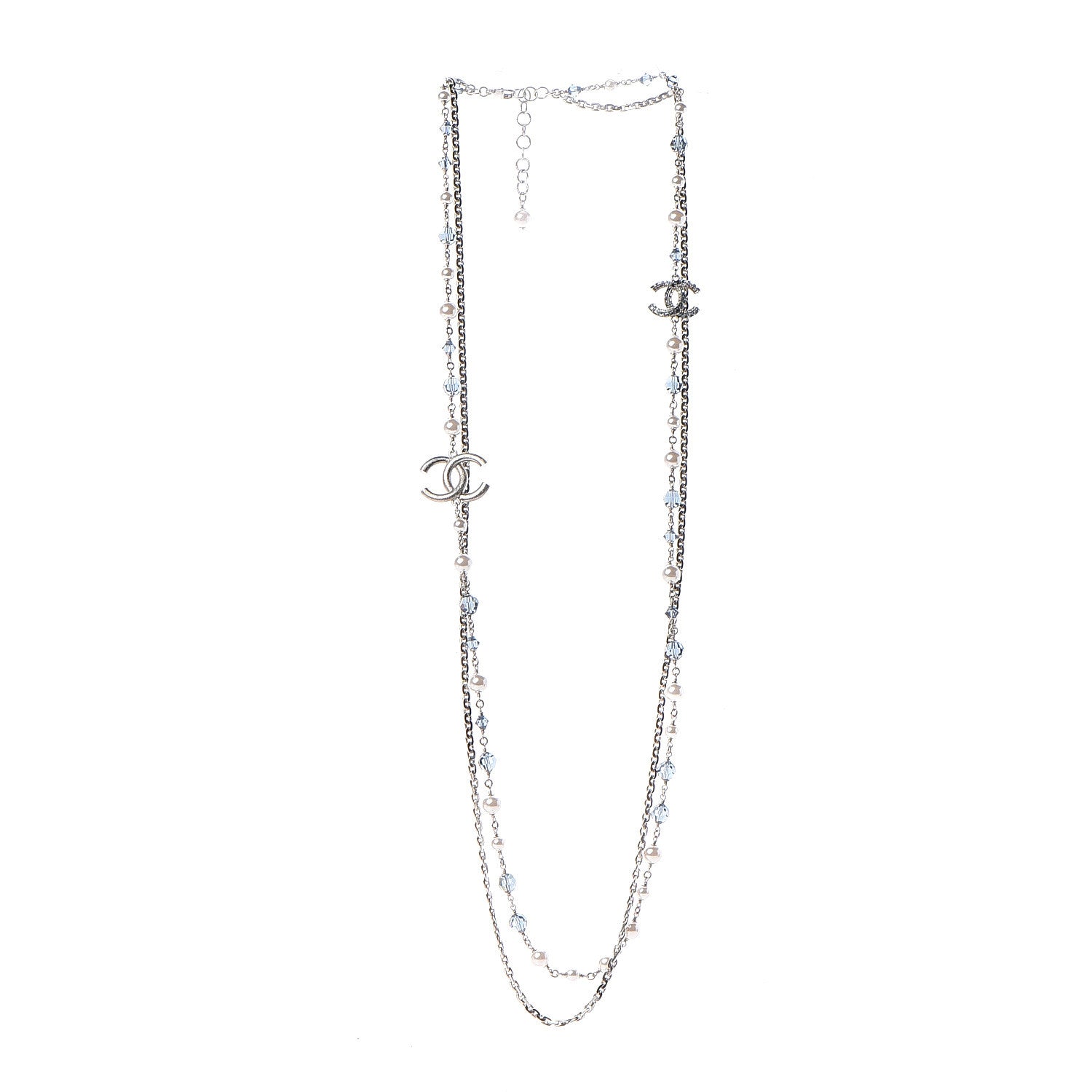 Chanel Pearl Crystal Bead CC Long Necklace Silver Blue 2 of 3