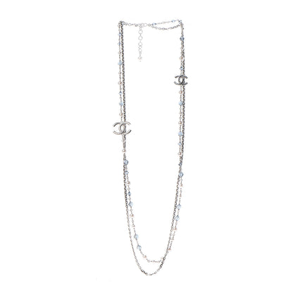 Chanel Pearl Crystal Bead CC Long Necklace Silver Blue 2 of 3