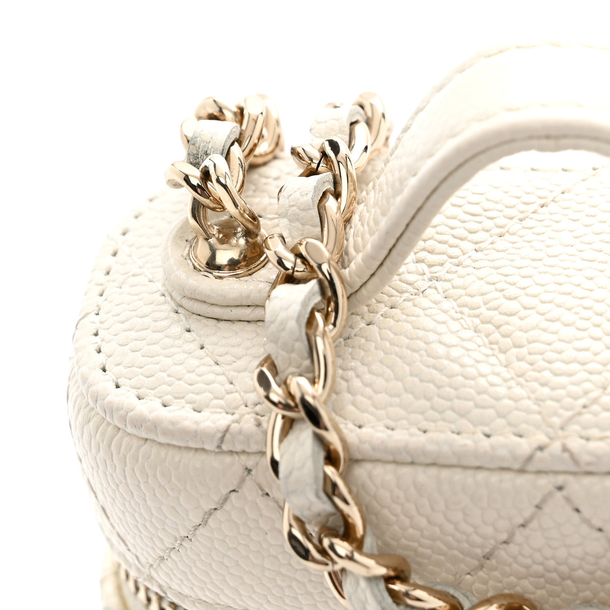 Caviar Quilted Small Handle With Care Vanity Case With Chain White
