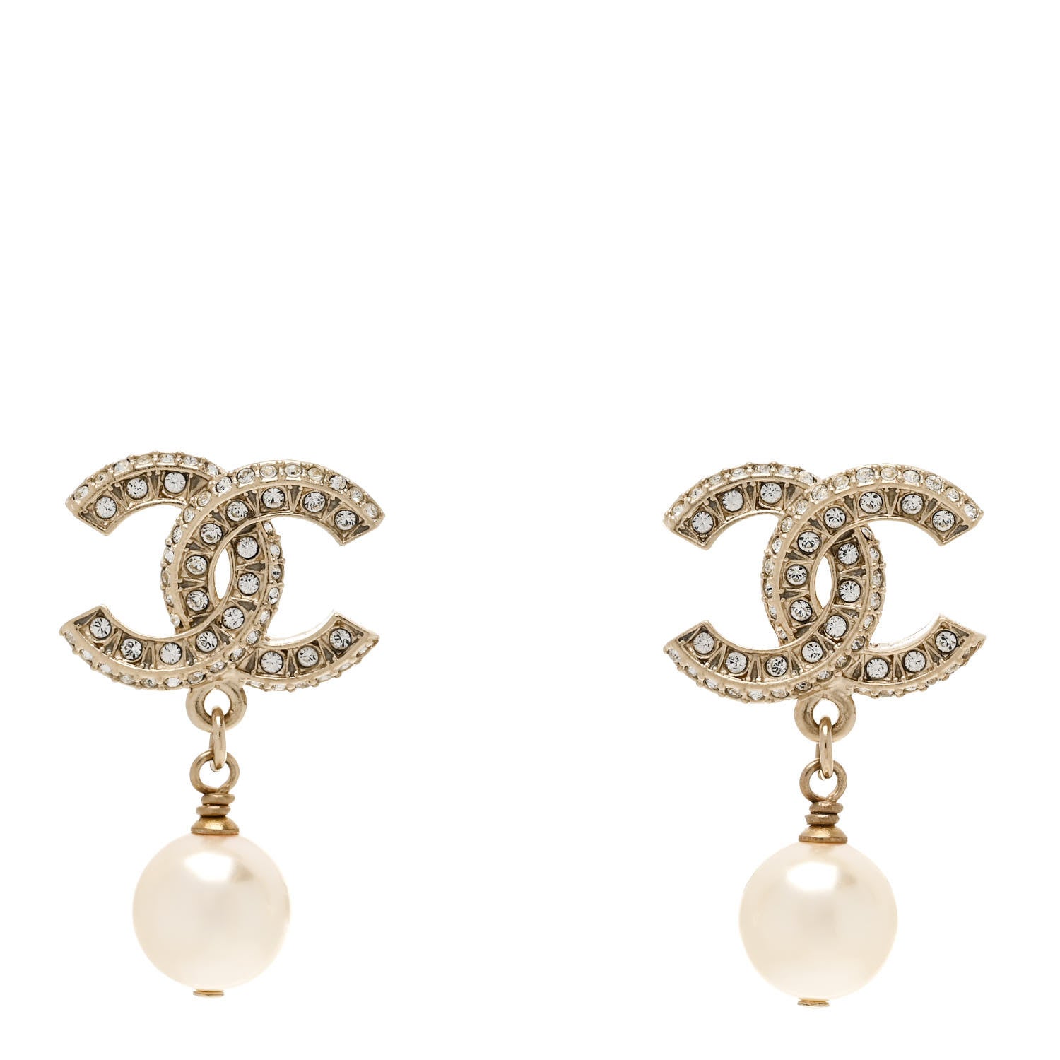 Chanel Crystal Pearl CC Drop Earrings Gold 1 of 5