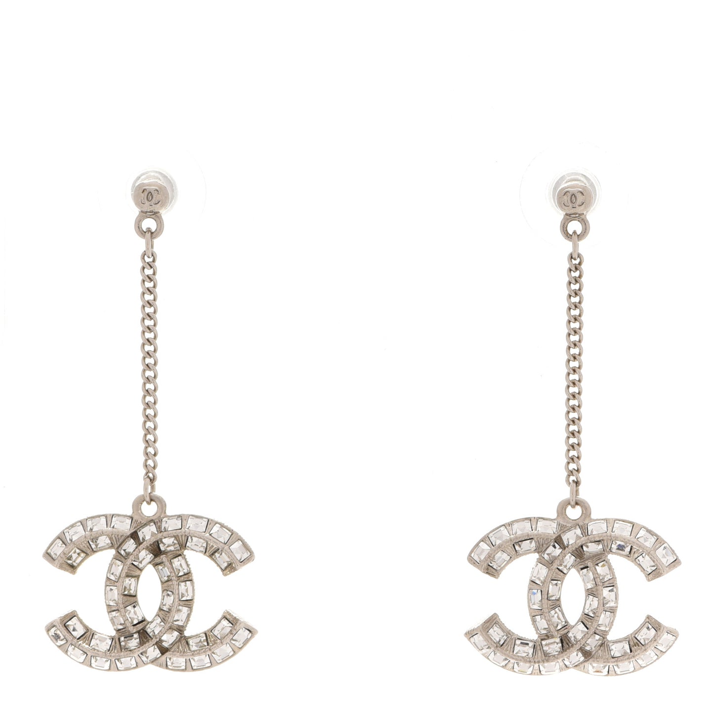 Baguette Crystal CC Drop Earrings Silver