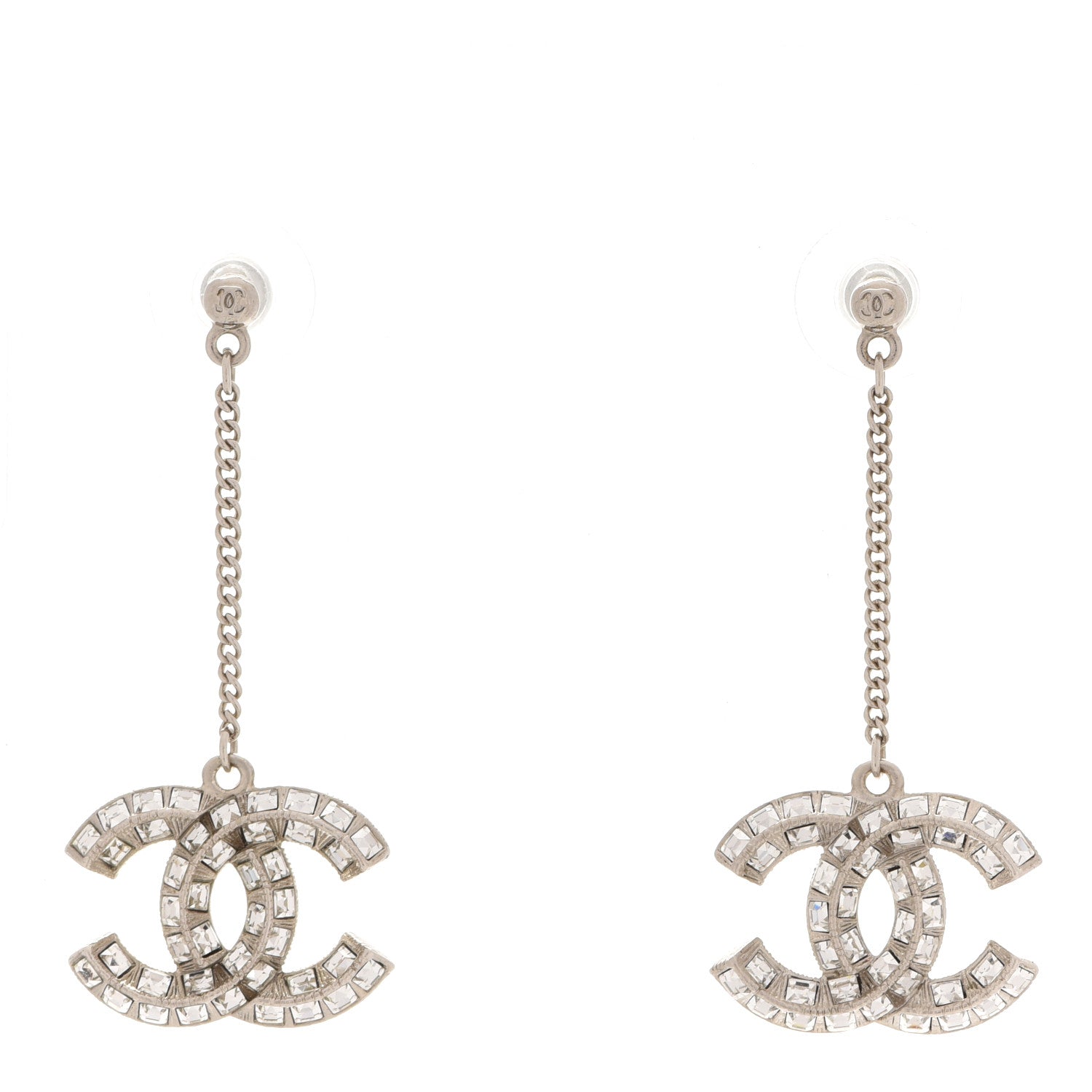 Chanel Baguette Crystal CC Drop Earrings Silver 1 of 5