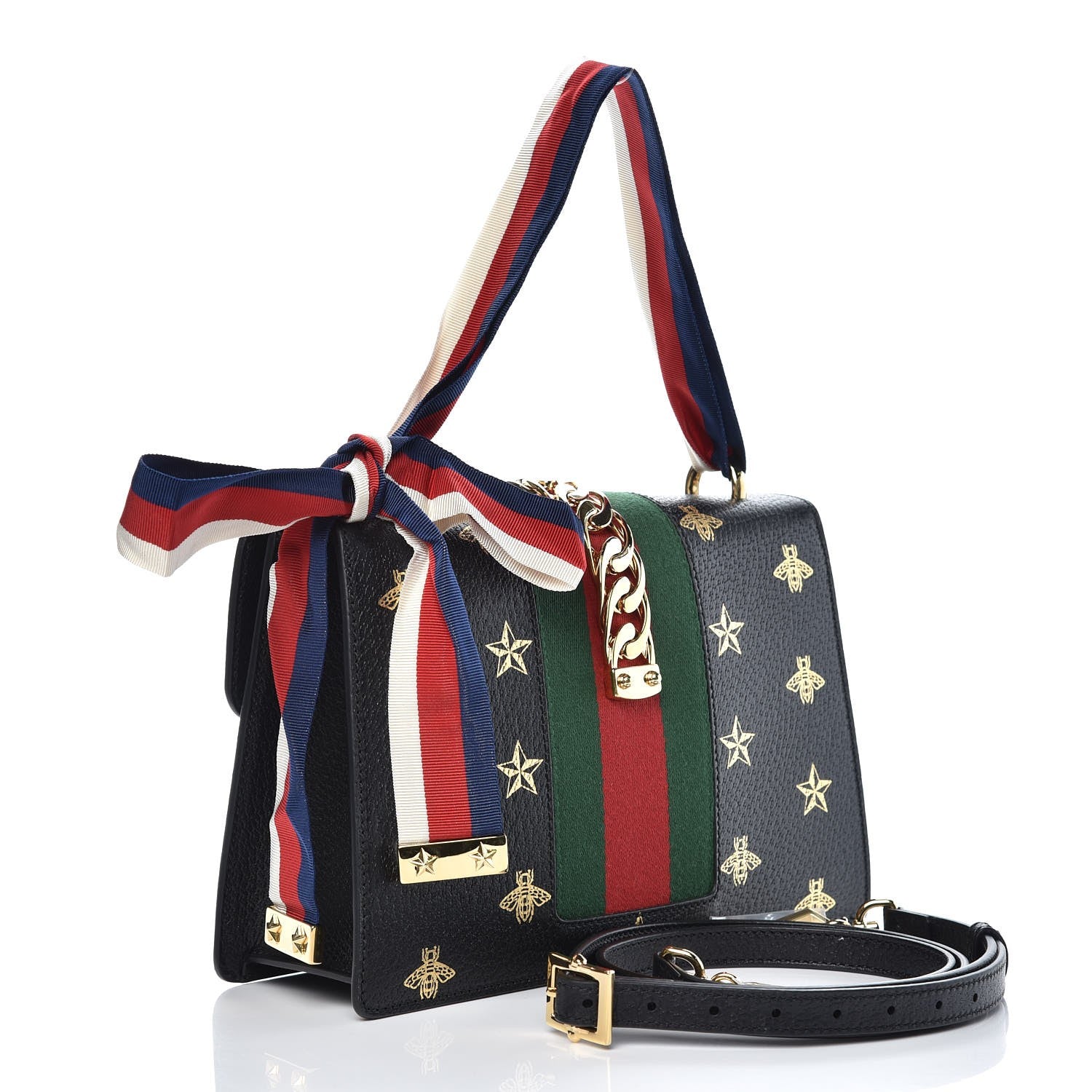 Gucci Textured Calfskin Bee Star Print Small Sylvie Shoulder Bag Black 3 of 6