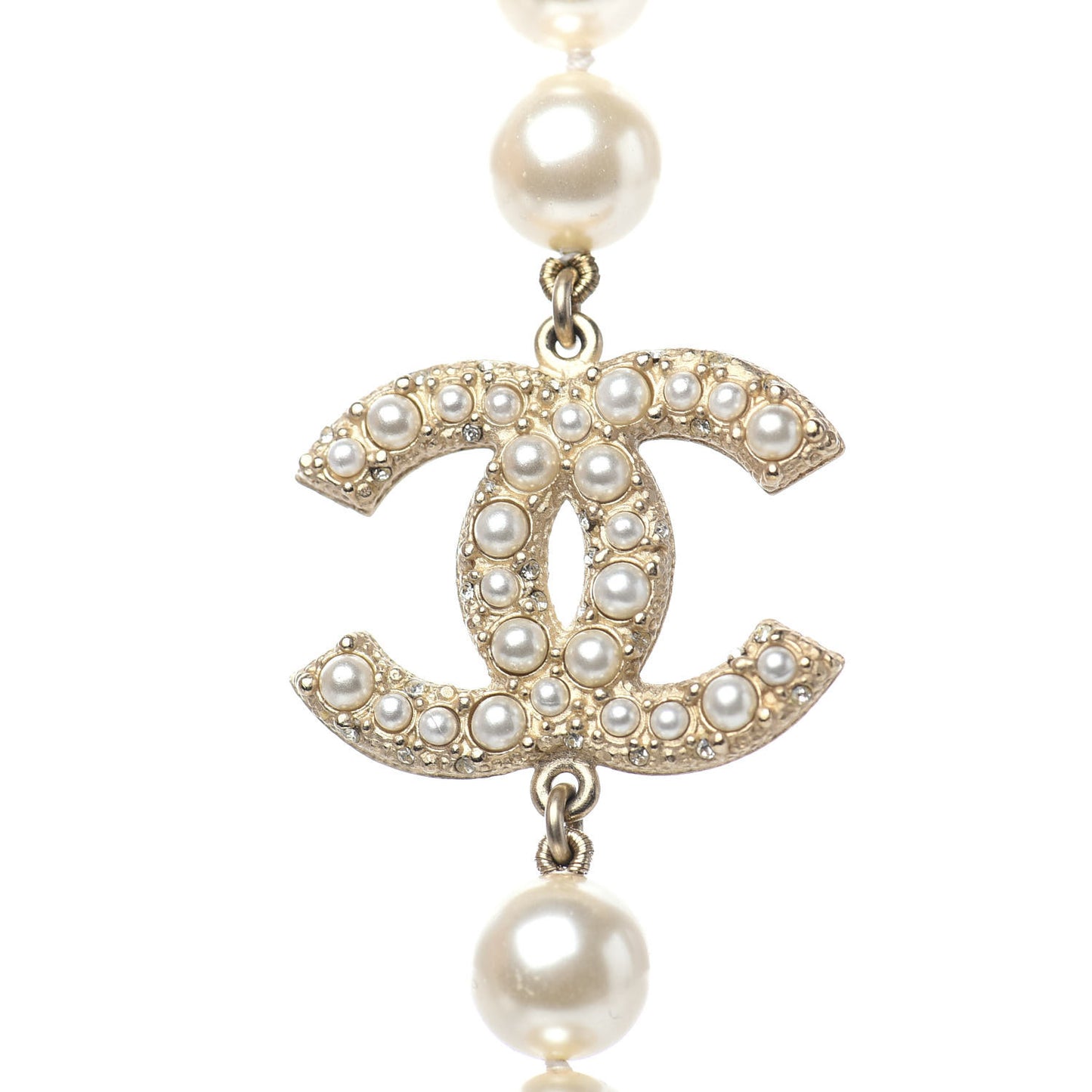 Crystal Pearl CC Long Necklace Gold