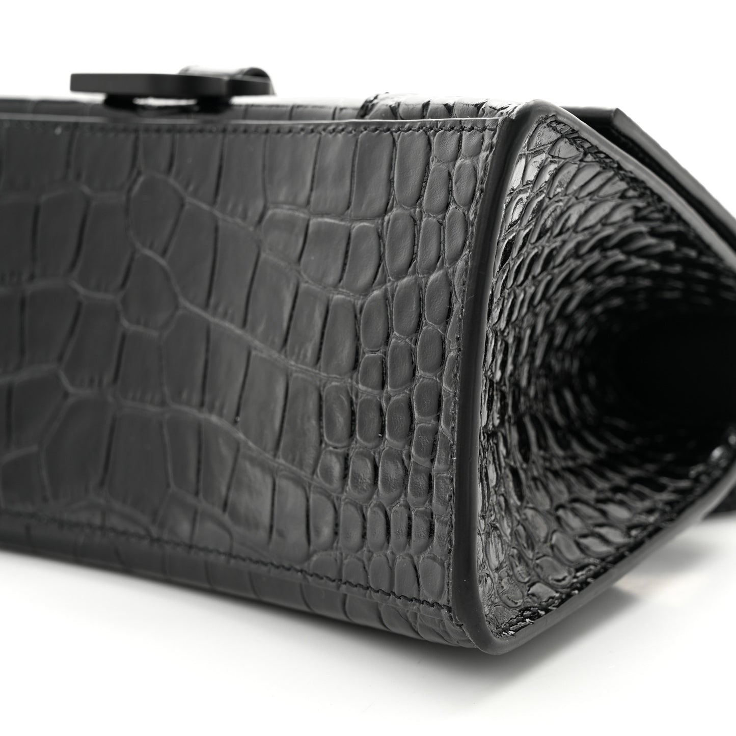 Shiny Calfskin Monochrome Crocodile Embossed Small Hourglass Top Handle Bag Black