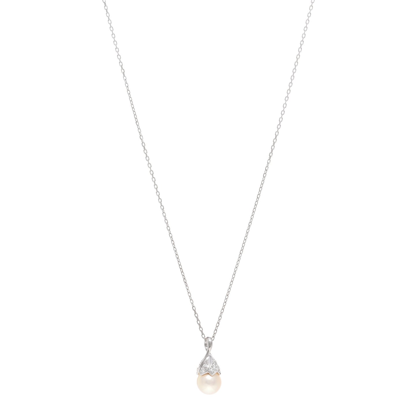 18K White Gold Diamond Pearl 8.5mm Pendant Necklace