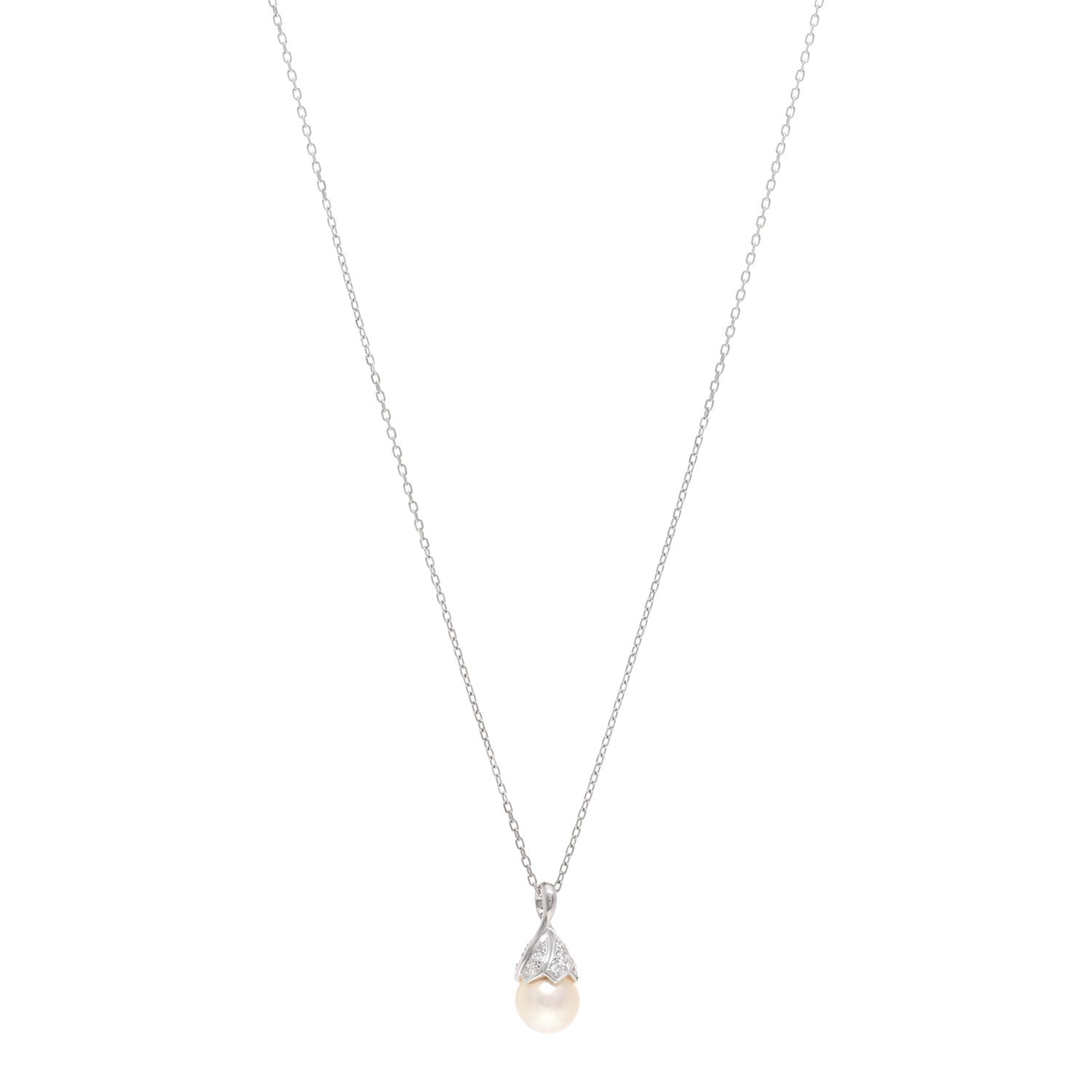 Mikimoto 18K White Gold Diamond Pearl 8.5mm Pendant Necklace 1 of 5