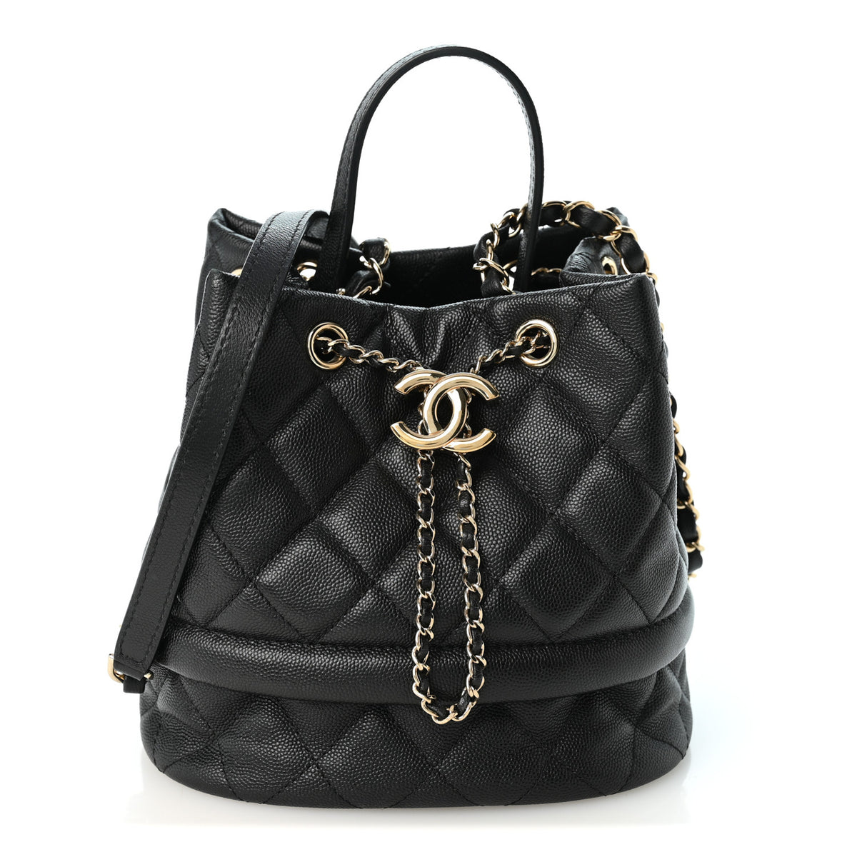 Caviar Quilted Rolled Up Bucket Drawstring Bag Black