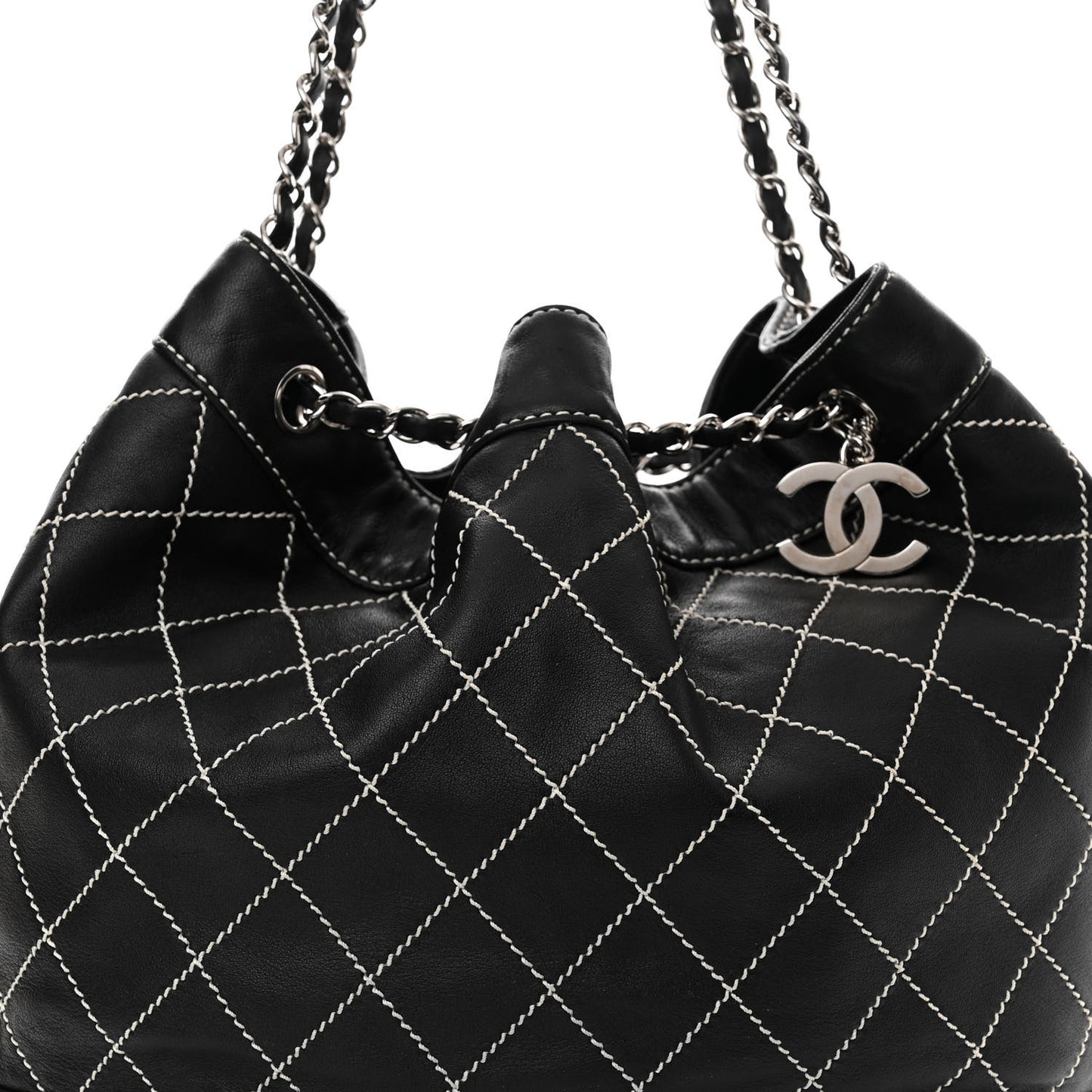 Calfskin Contrast Stitch Surpique Bucket Bag Black