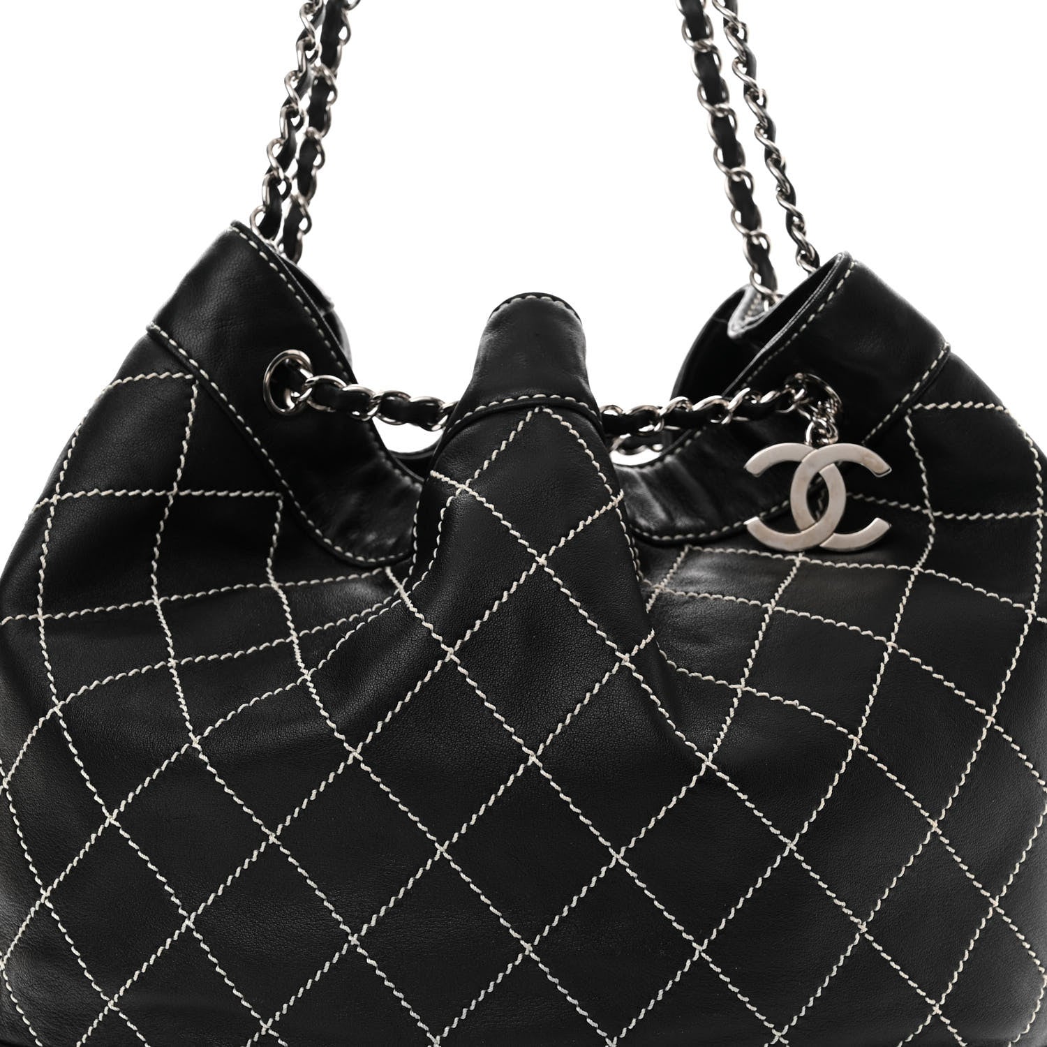 Chanel Calfskin Contrast Stitch Surpique Bucket Bag Black 8 of 11