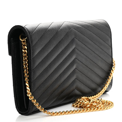 Saint Laurent Grain De Poudre Matelasse Chevron Monogram Chain Wallet Black 3 of 8