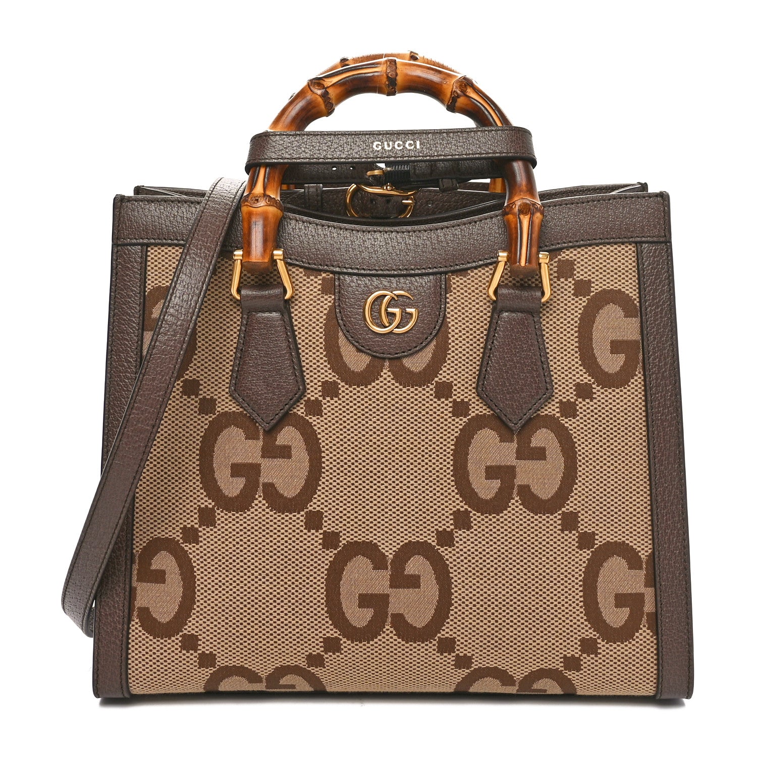 Gucci Monogram Jumbo GG Textured Dollar Calfskin Small Diana Tote Bag Camel Ebony New Acero 1 of 10