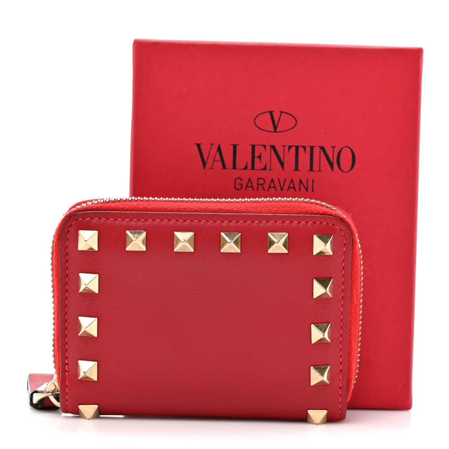 財布 Valentino Garavani red leather wallet Valentino Garavani Calfskin Rockstud Compact Zip Around Wallet