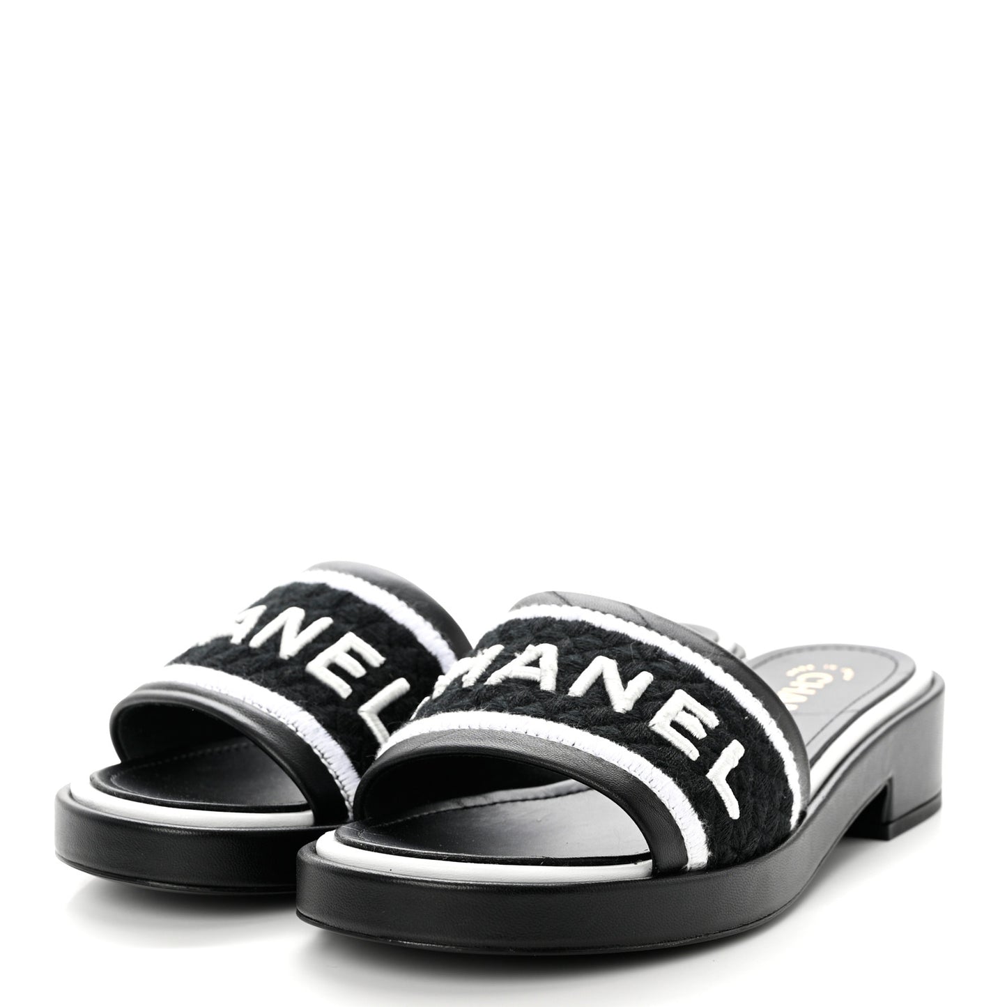 Lambskin Embroidered CC Mule Sandal 37 Black White