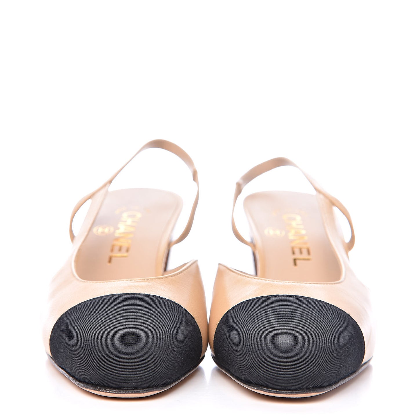 Goatskin Grosgrain Cap Toe CC Slingback Pumps 37 Beige Black
