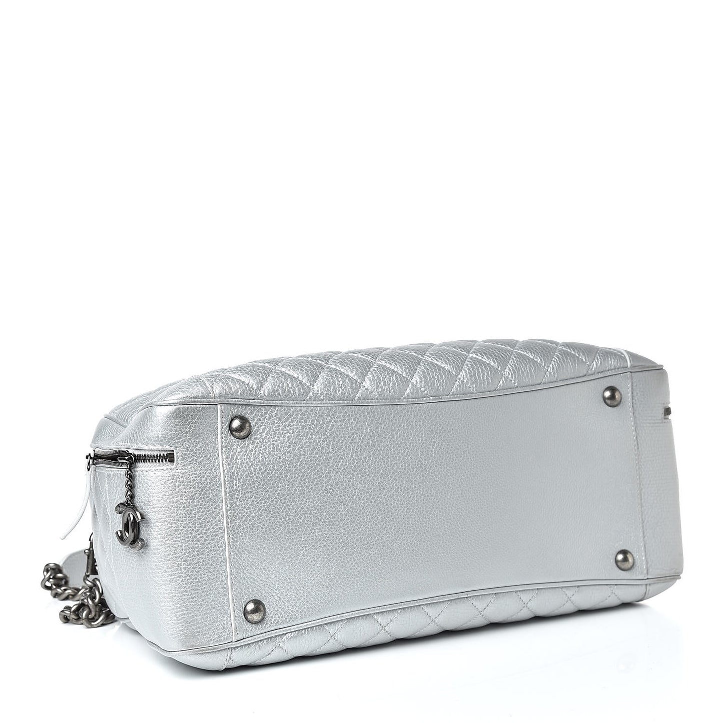 Metallic Calfskin Quilted Large Airlines Round Trip Bowling Bag Silver