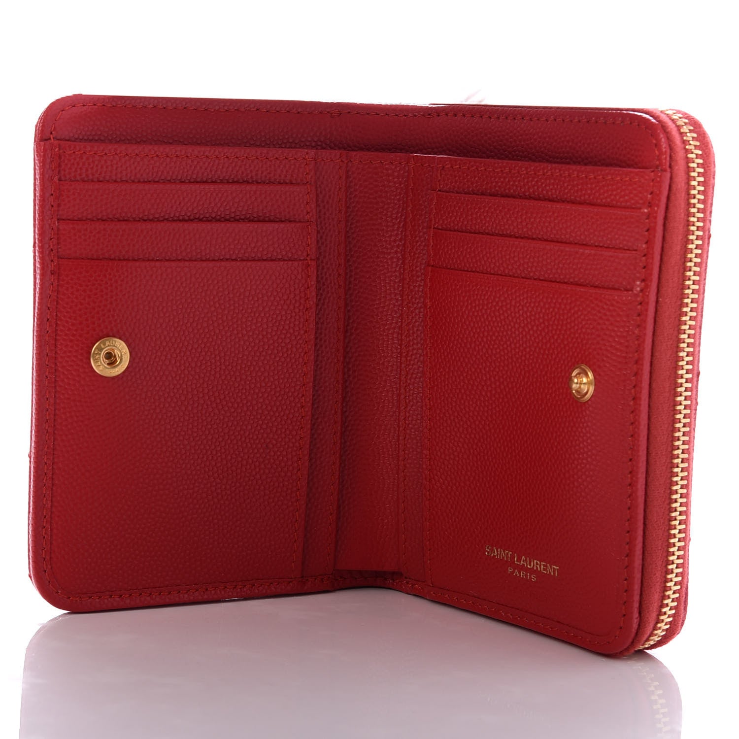 Saint Laurent Grain De Poudre Matelasse Chevron Monogram Compact Zip Around Wallet New Red 5 of 7