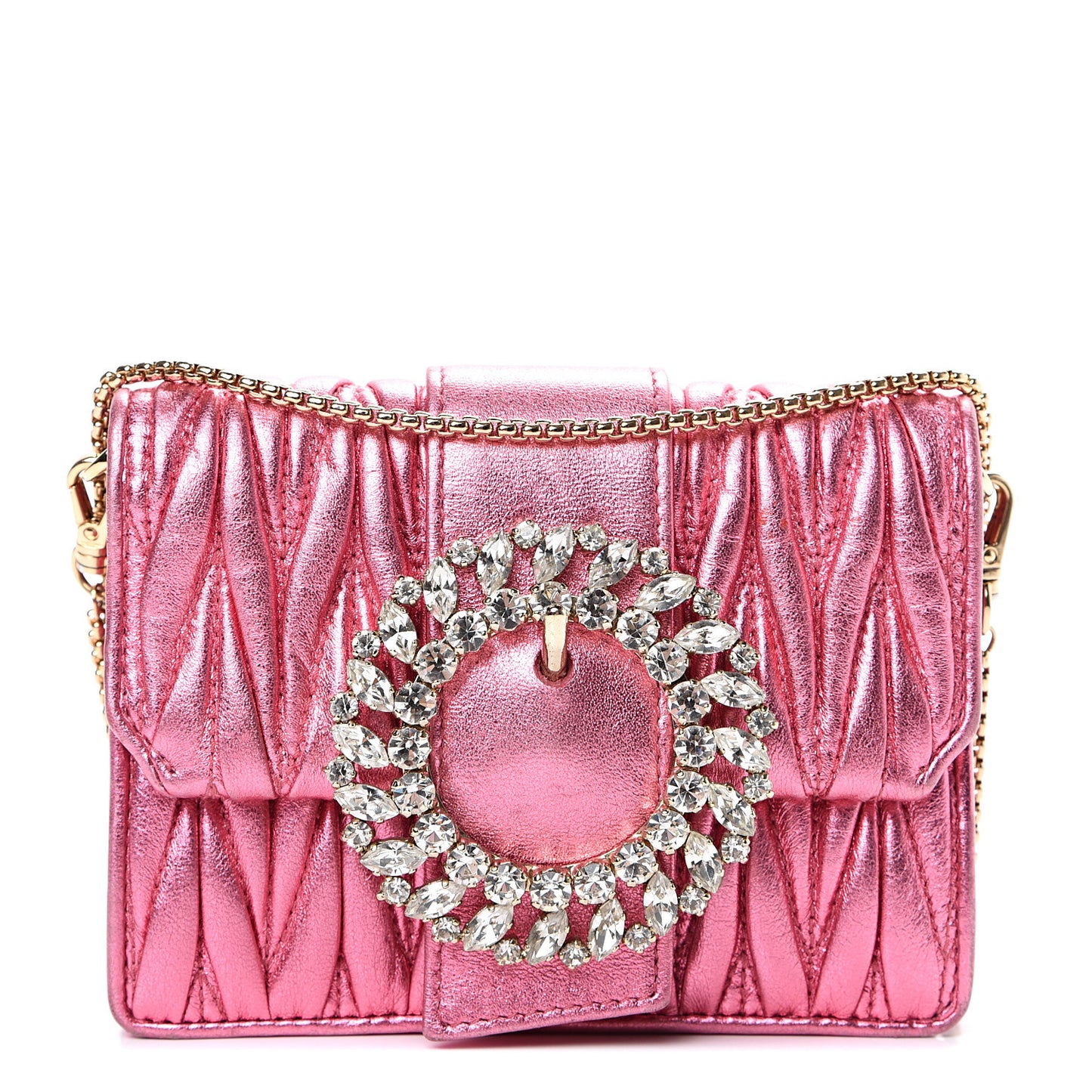 Metallic Nappa Matelasse Crystal Embellished Lady Crossbody Pink