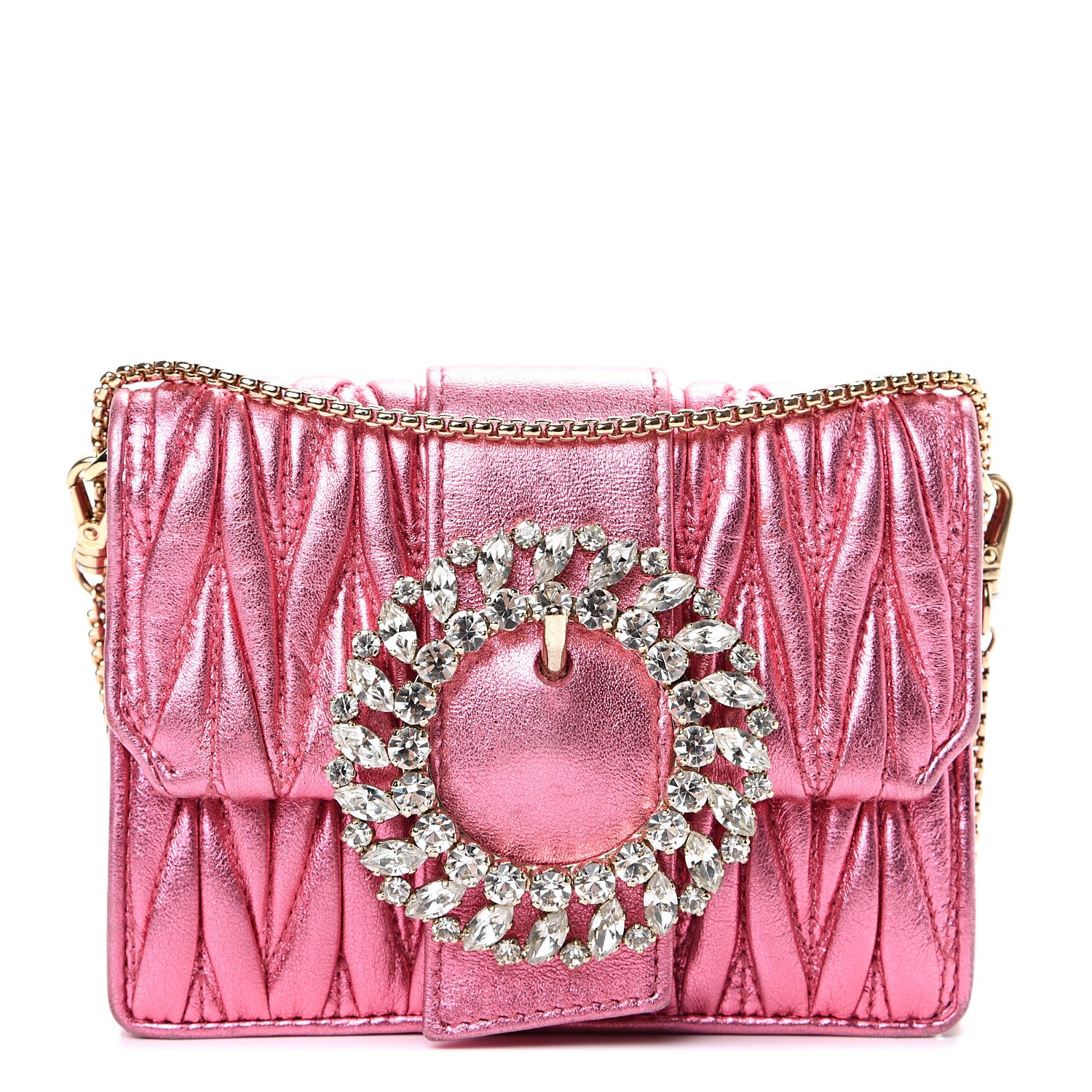 Miu Miu Metallic Nappa Matelasse Crystal Embellished Lady Crossbody Pink 1 of 12