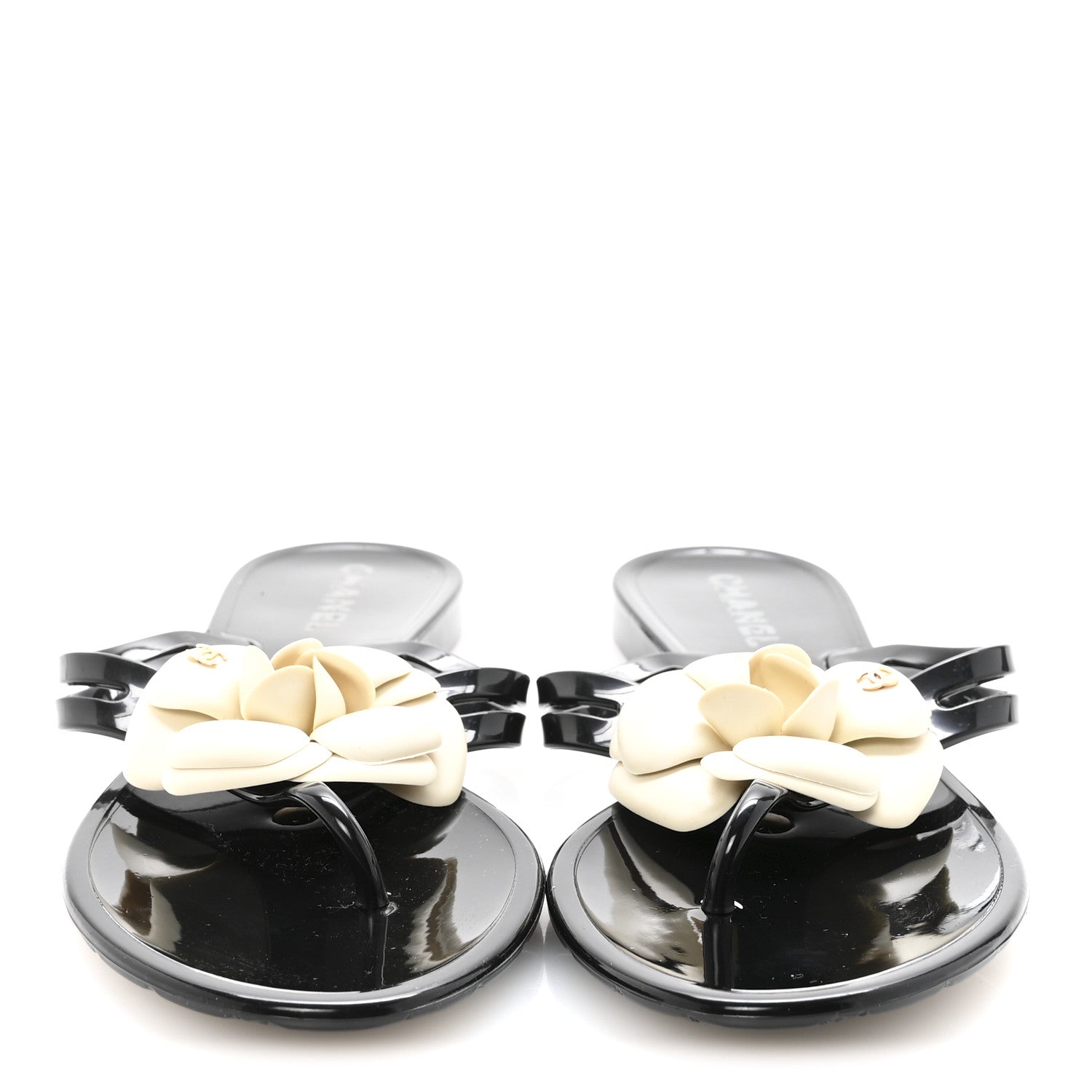 Chanel Jelly Camellia Thong Sandals 38 Black Ivory 3 of 8