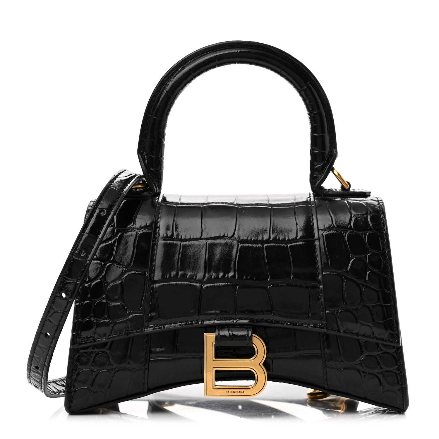 Balenciaga Shiny Calfskin Crocodile Embossed Hourglass Top Handle Bag XS Black 1 of 11
