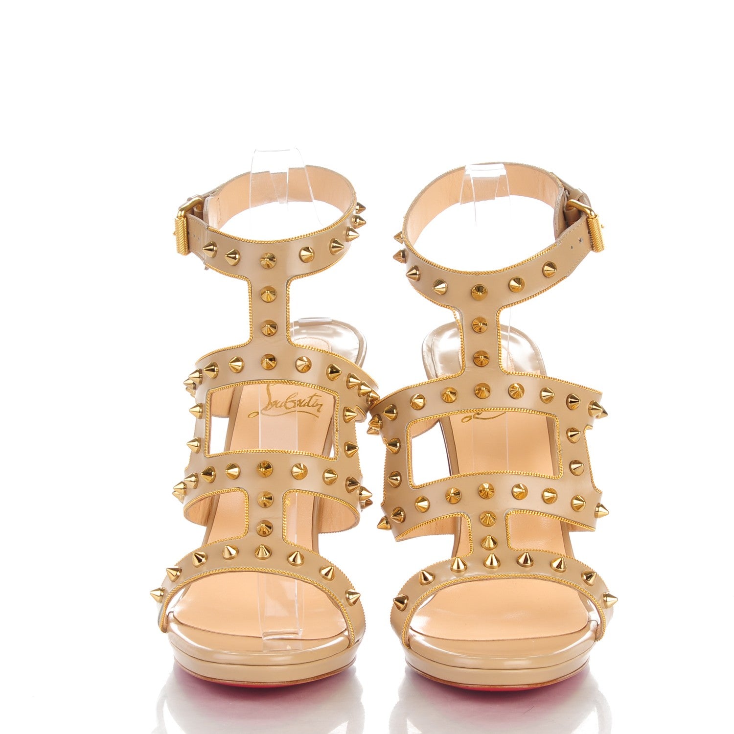 Christian Louboutin Jazz Calfskin Sexystrapi 120 Spiked Sandals 39 Beige Gold 2 of 7
