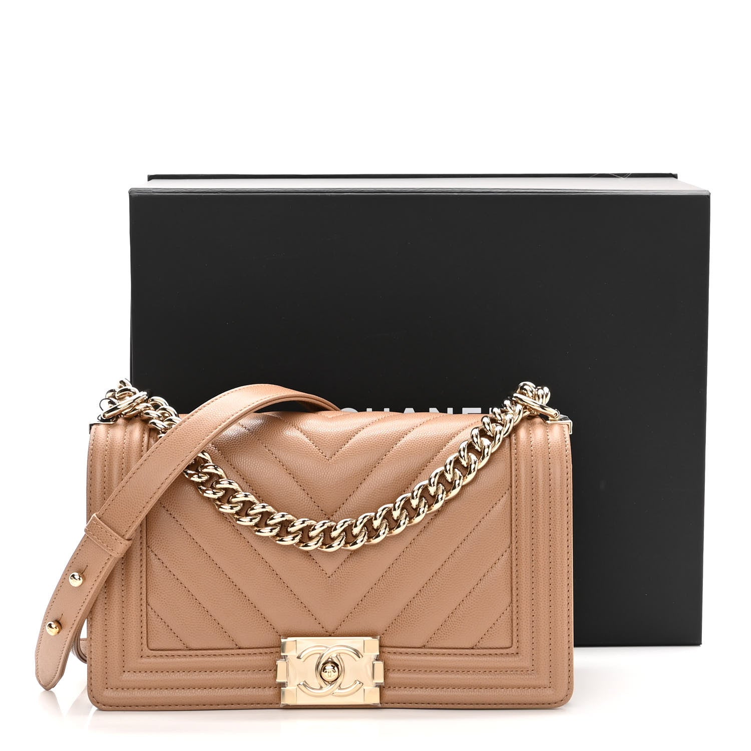 Chanel Caviar Chevron Quilted Medium Boy Flap Dark Beige 10 of 10