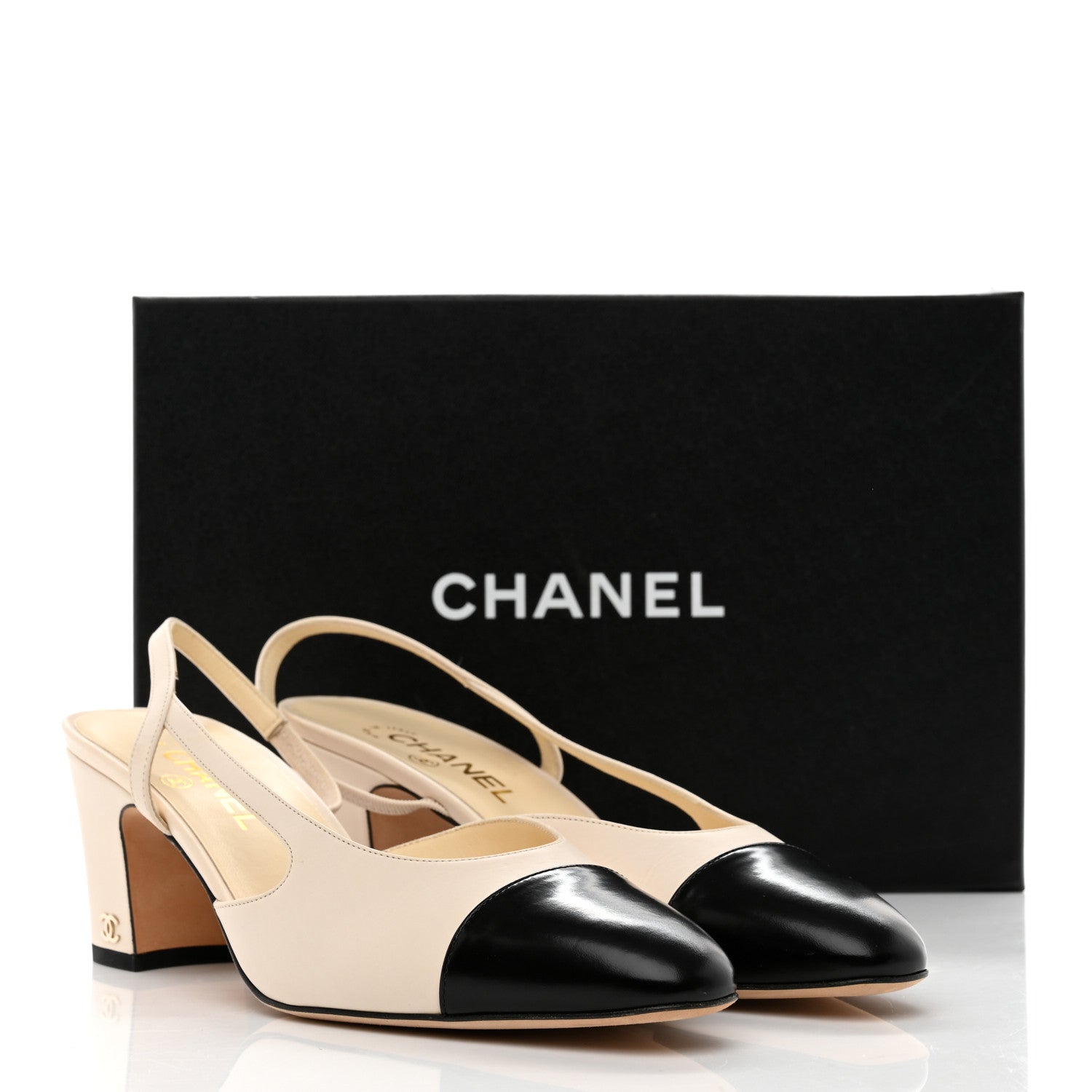 Chanel Glazed Calfskin Cap Toe CC Slingback Pumps 41 Ivory Black 9 of 9
