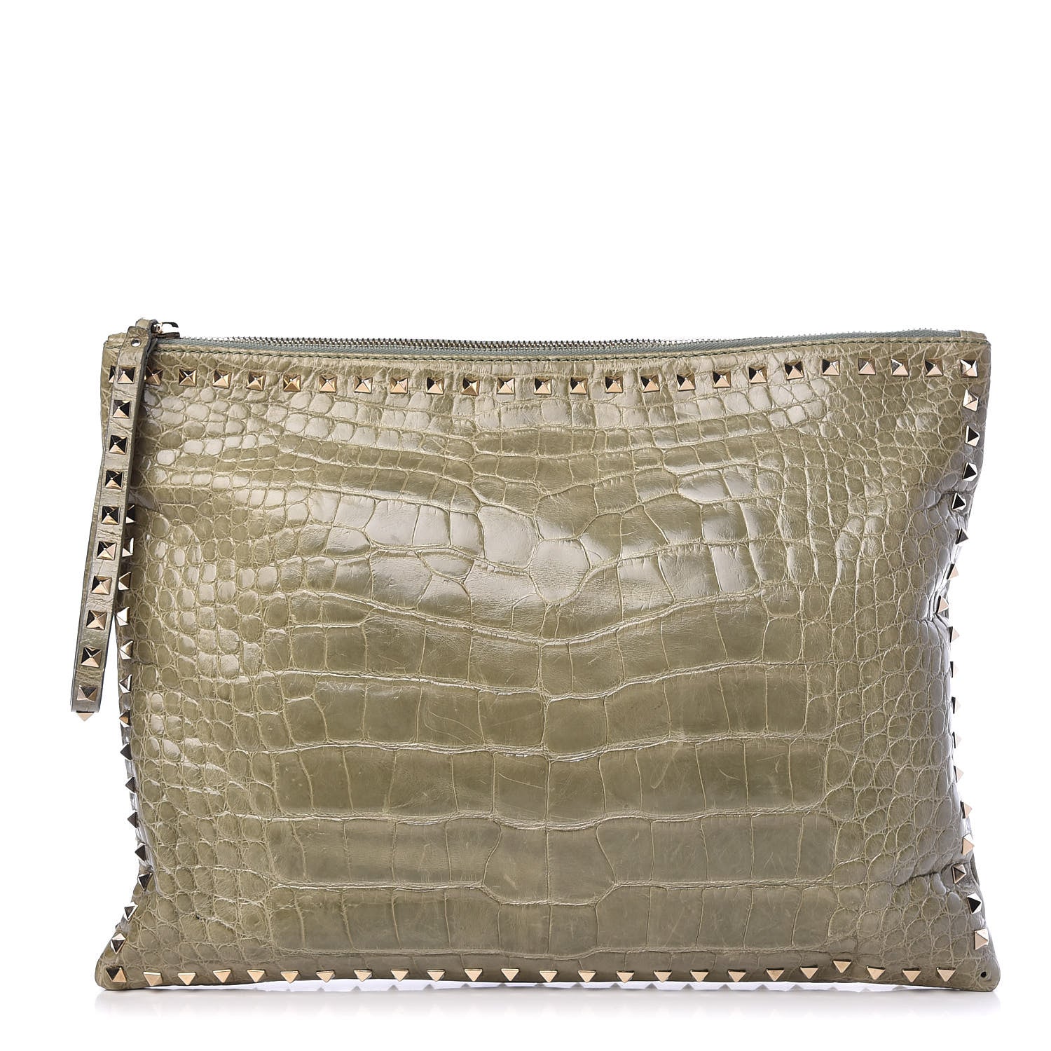 Valentino Garavani Alligator Oversized Rockstud Zip Wristlet Pouch Green 1 of 13
