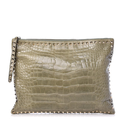 Valentino Garavani Alligator Oversized Rockstud Zip Wristlet Pouch Green 1 of 13