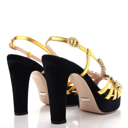 Gucci Velvet Nappa Crystal Zephyra Slingback Platform High Heel Sandals 37.5 Black Gold 4 of 10