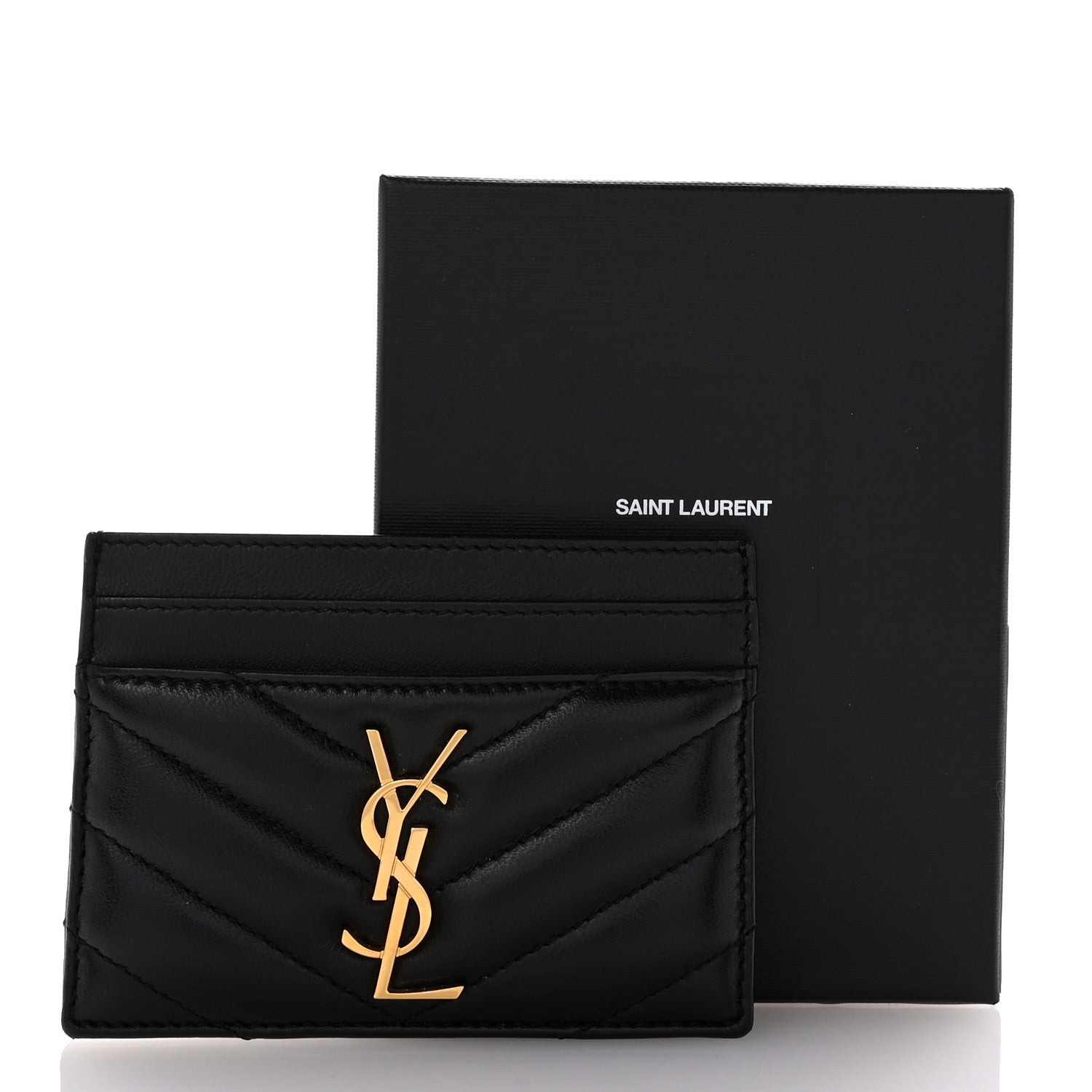 Saint Laurent Lambskin Matelasse Chevron Monogram Credit Card Case Black 8 of 8