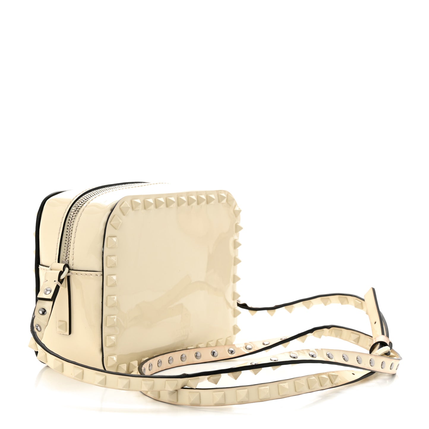 Patent Monochrome Rockstud Camera Crossbody Bag Ivory