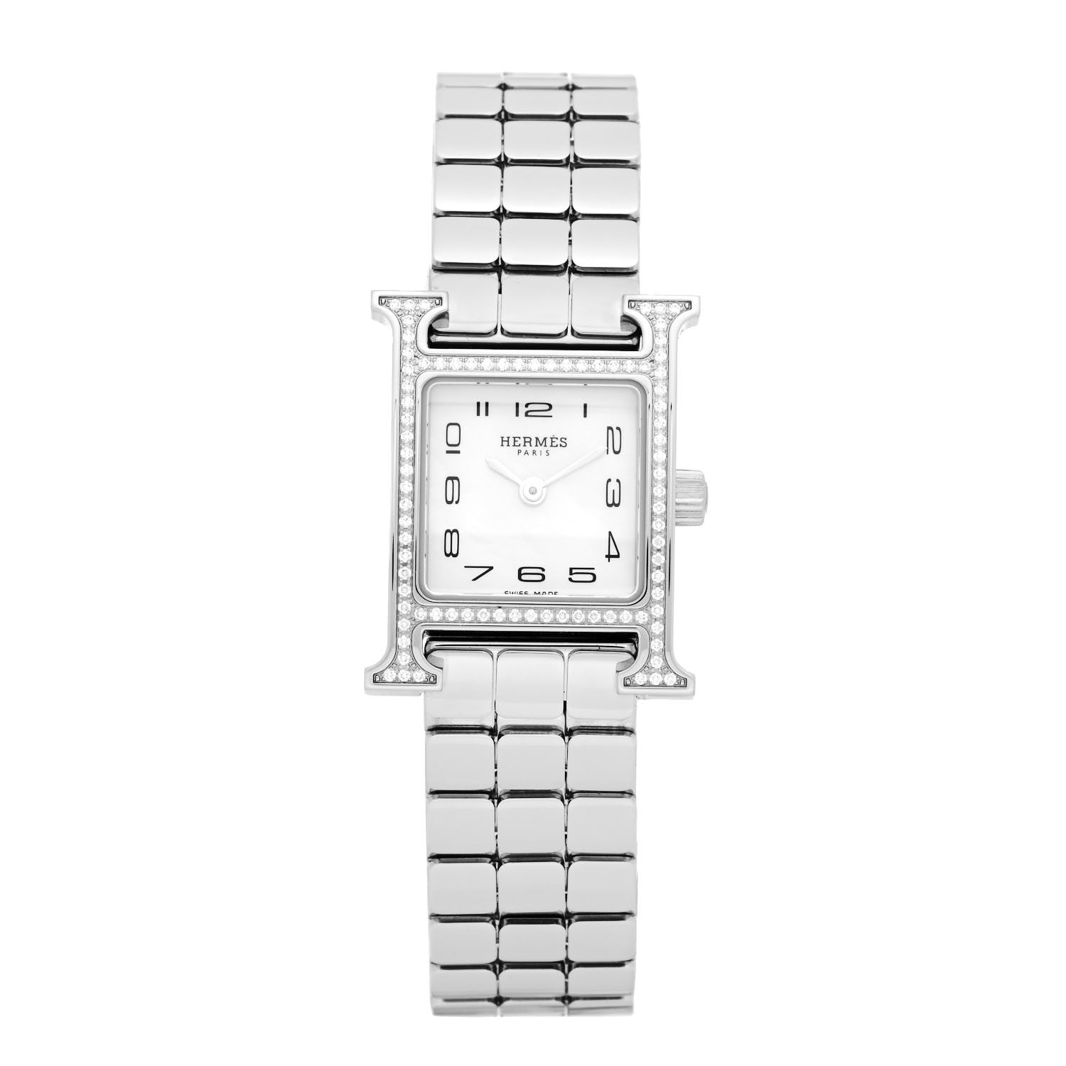 Hermes Stainless Steel Diamond Bezel Mother of Pearl 17.2mm Heure H Hour Quartz Watch 1 of 5
