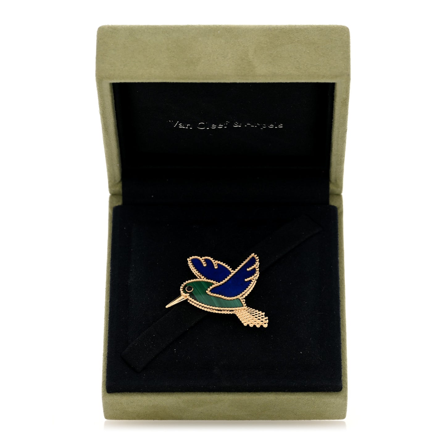 18K Yellow Gold Lapis Lazuli Malachite Humming Bird Brooch Pin