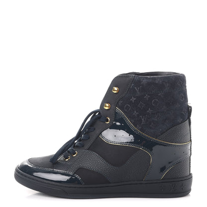 Louis Vuitton Calfskin Patent Suede Monogram Cliff Top Wedge Sneakers 39 Navy 1 of 8