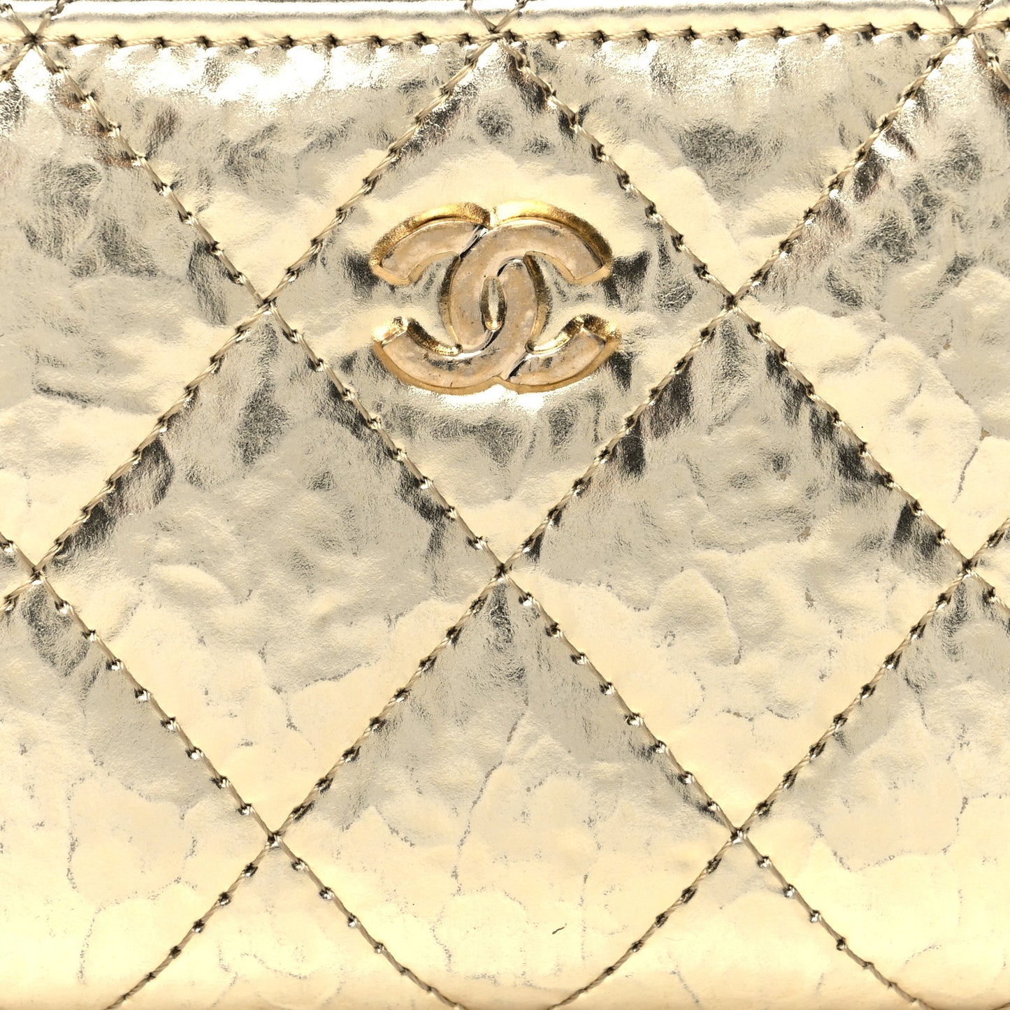 Hammered Metallic Calfskin Quilted Zip Coin Purse Gold