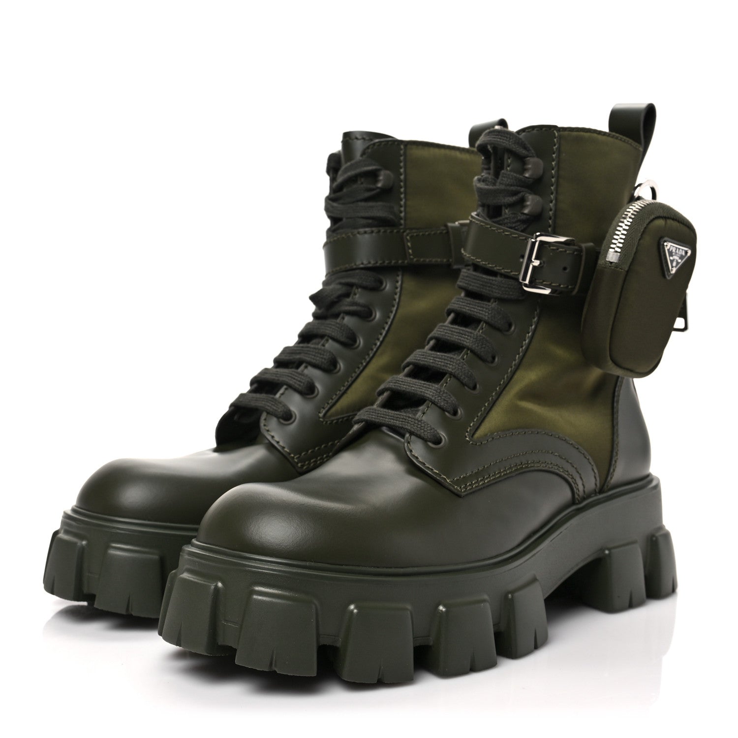 Prada Spazzolato Rois Re-Nylon Metal Triangle Logo Mens Monolith Pouch Pocket 60mm Combat Boots 8 Militare 3 of 7