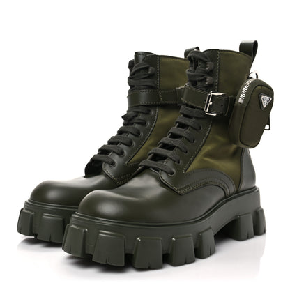 Prada Spazzolato Rois Re-Nylon Metal Triangle Logo Mens Monolith Pouch Pocket 60mm Combat Boots 8 Militare 3 of 7