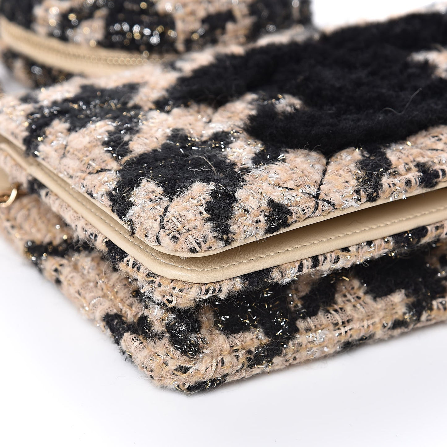Tweed Shearling Quilted Wallet On Chain WOC and Coin Purse Beige Black