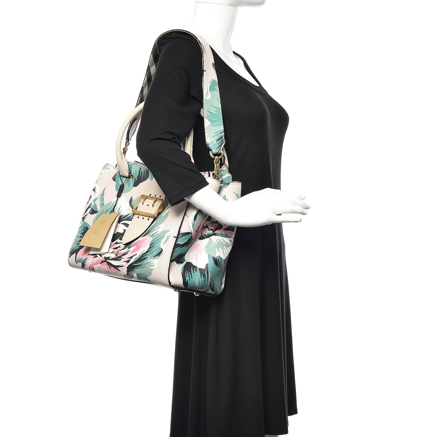 Soft Grain Calfskin Floral Print Medium Buckle Tote Natural Emerald Green