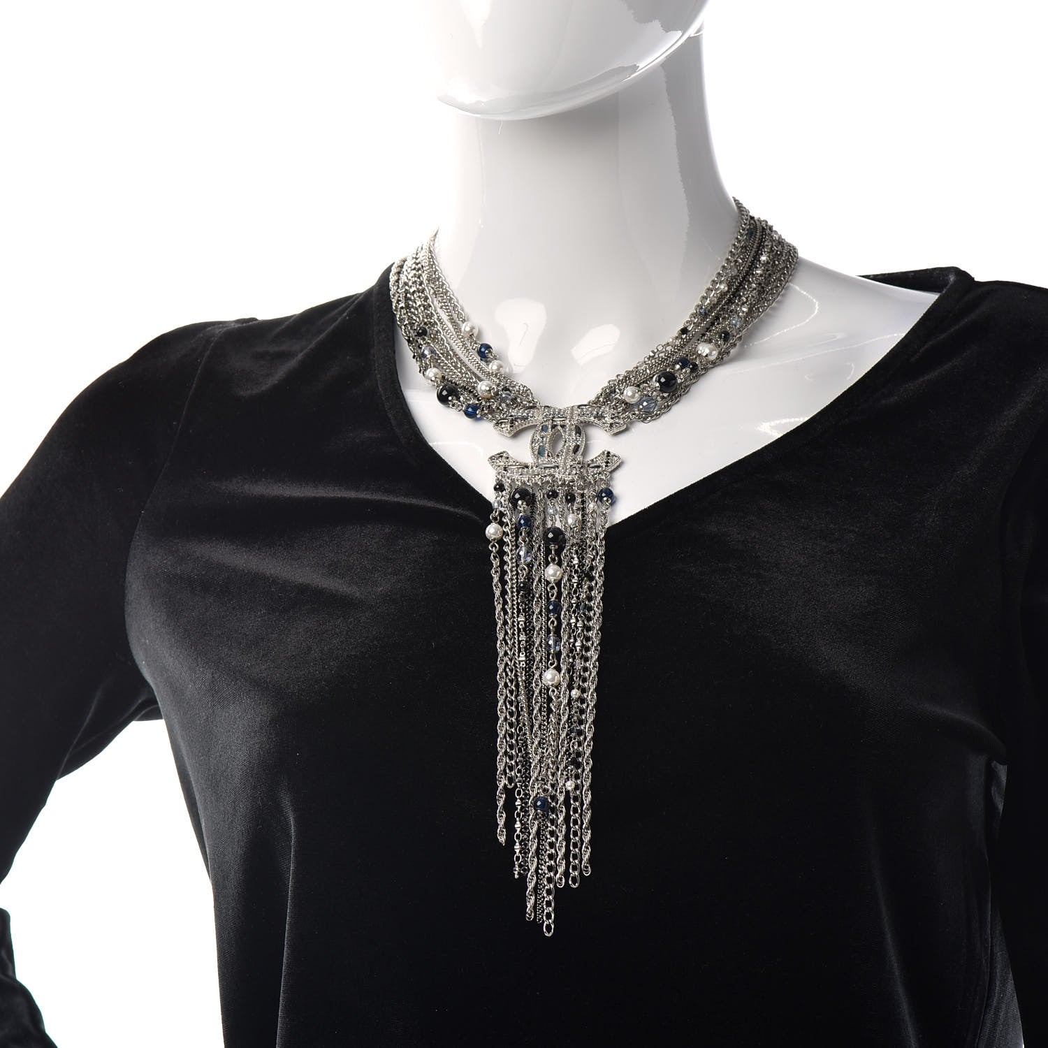 Chanel Beaded Multi Strand CC Necklace Silver Blue 2 of 5