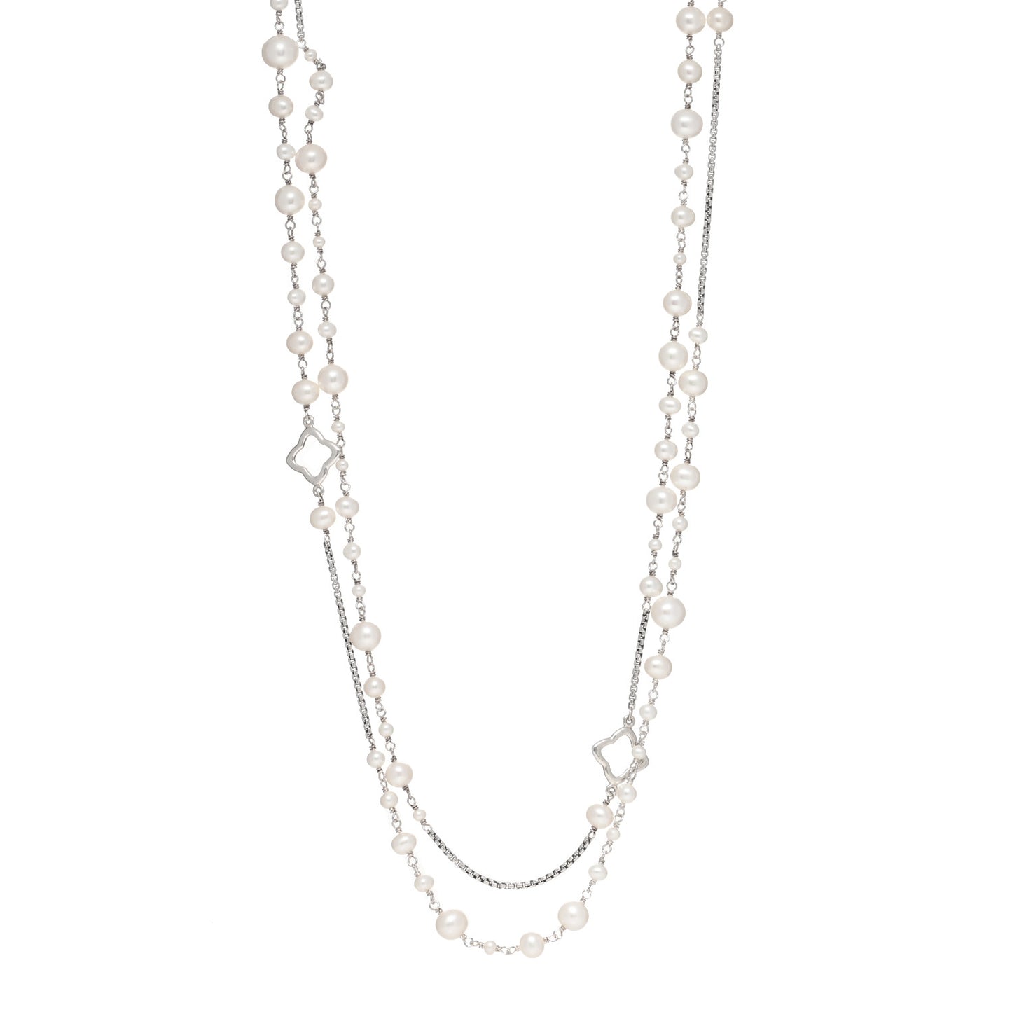 Sterling Silver Pearl 7.5mm Quatrefoil Long Chain Necklace