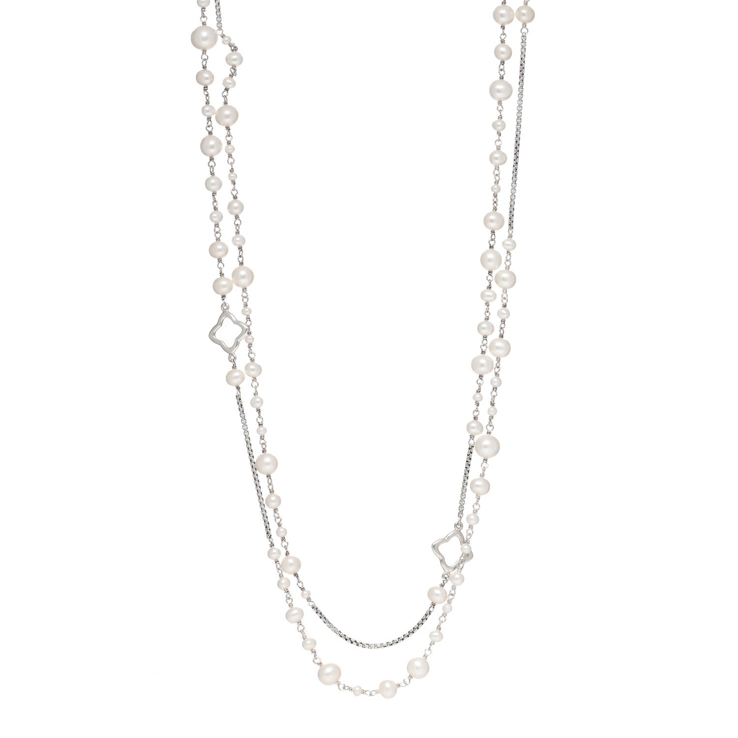 David Yurman Sterling Silver Pearl 7.5mm Quatrefoil Long Chain Necklace 1 of 3