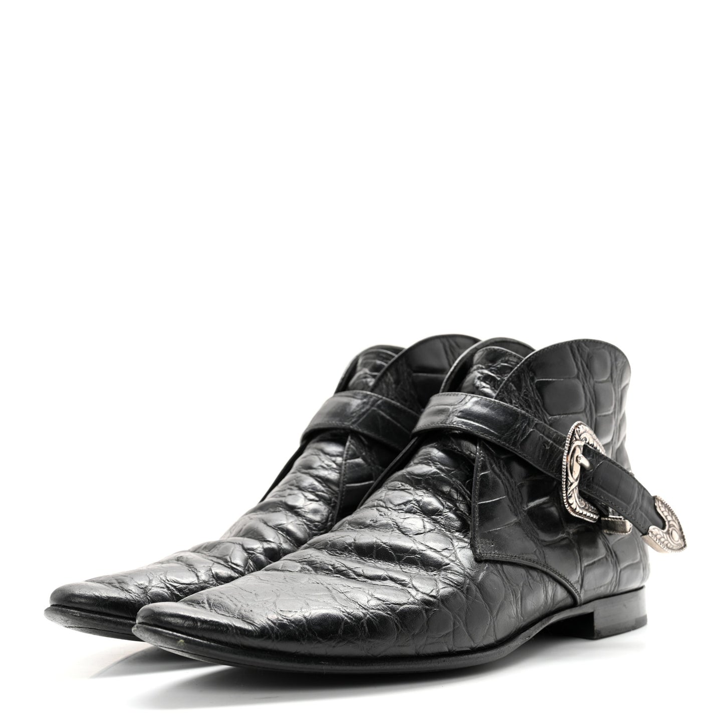 Calfskin Crocodile Embossed Womens Dixon Buckle Ankle Boots 37.5 Black