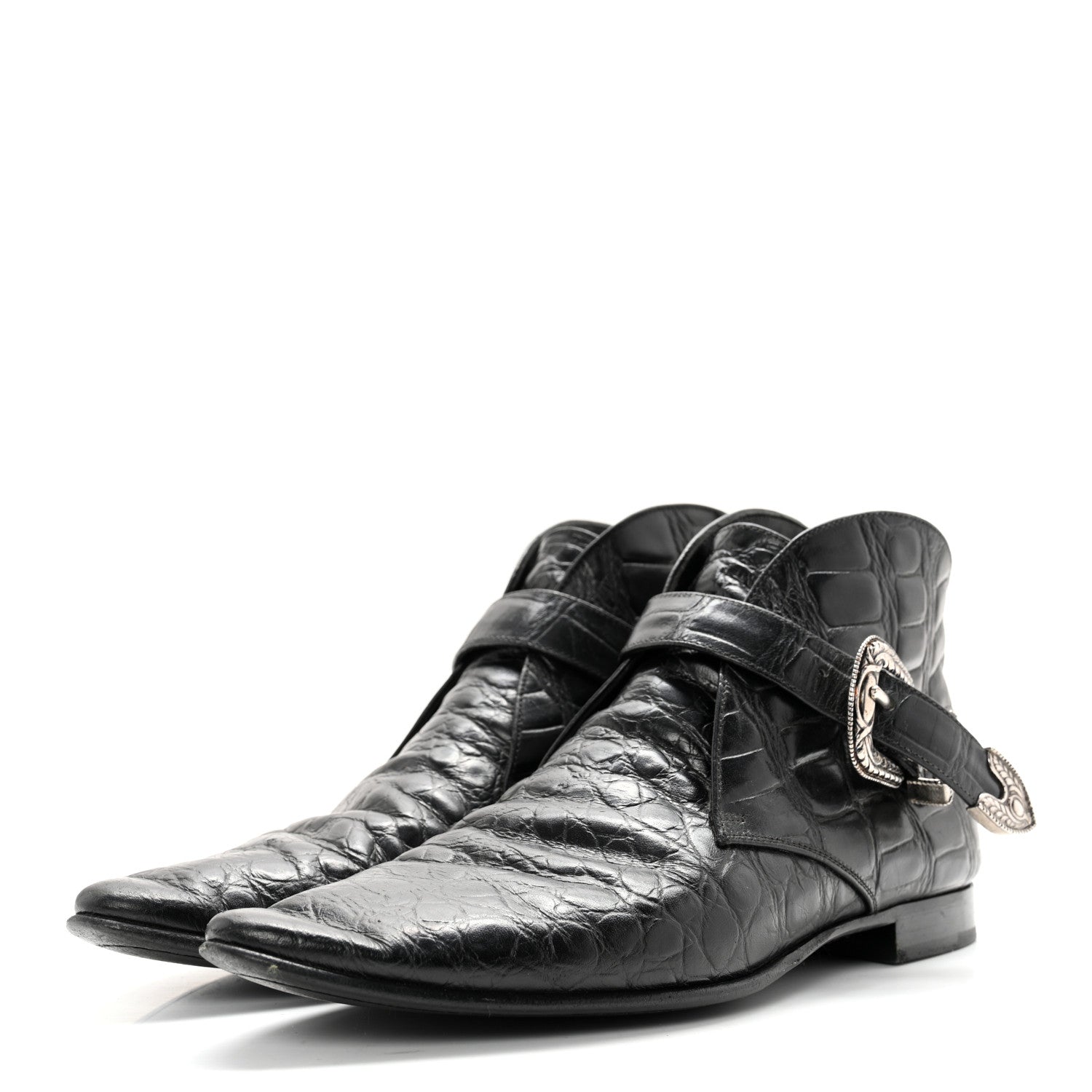 Saint Laurent Calfskin Crocodile Embossed Womens Dixon Buckle Ankle Boots 37.5 Black 3 of 15