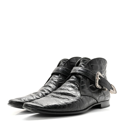 Saint Laurent Calfskin Crocodile Embossed Womens Dixon Buckle Ankle Boots 37.5 Black 3 of 15